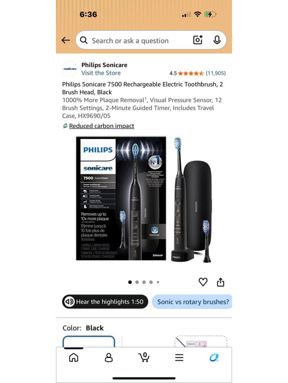 Philips Sonicare 7500 Rechargeable Electric Toothbrush Black